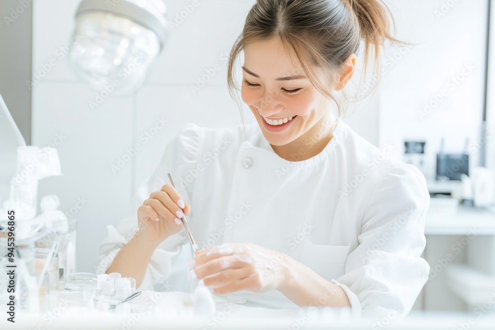 Friendly nail technician applying a product on customers hands Friendly nail technician applying a product on customers hands
