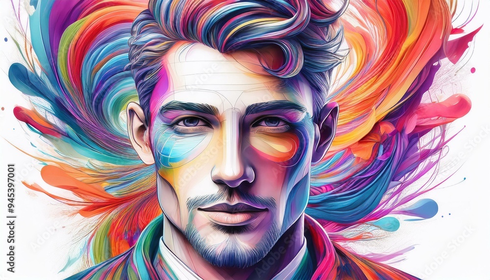Vibrant face sketch with abstract shapes swirling around, colors blend dreamily. Vibrant face sketch with abstract shapes swirling around, colors blend dreamily.