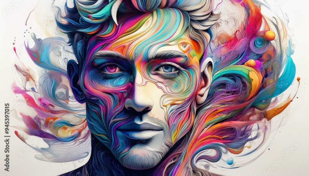 Vibrant face sketch with abstract shapes swirling around, colors blend dreamily. Vibrant face sketch with abstract shapes swirling around, colors blend dreamily.