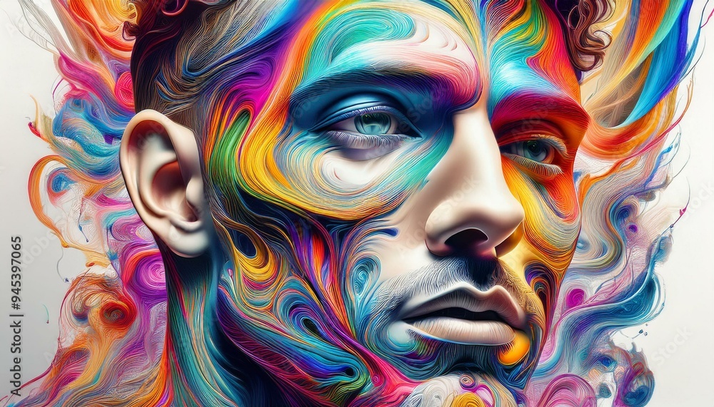 Vibrant face sketch with abstract shapes swirling around, colors blend dreamily. Vibrant face sketch with abstract shapes swirling around, colors blend dreamily.