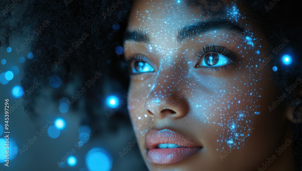 Close-up of an African American woman's face as she reads data from digital screens in the background, surrounded by glowing blue and white lights Close-up of an African American woman's face as she reads data from digital screens in the background, surrounded by glowing blue and white lights