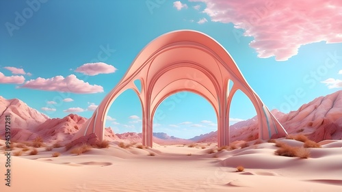3d render Surreal pastel landscape background with geometric shapes, abstract fantastic desert dune in seasoning landscape with arches, panoramic, futuristic scene with copy space, blue sky and cloudy