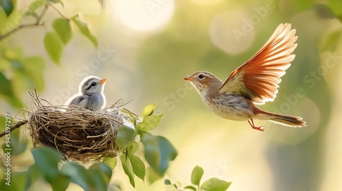 A mother bird feeds her chick in a nest under bright morning sunlight
