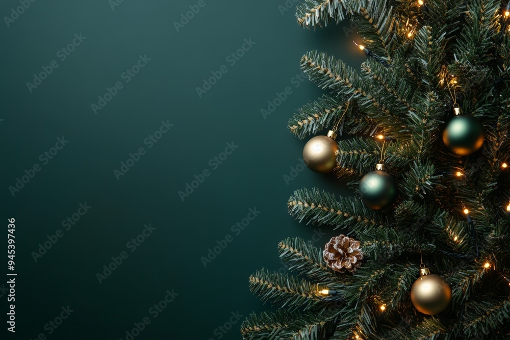 Christmas tree branch with a pinecone ornament and warm glowing lights in a festive setting. Christmas tree branch with a pinecone ornament and warm glowing lights in a festive setting.
