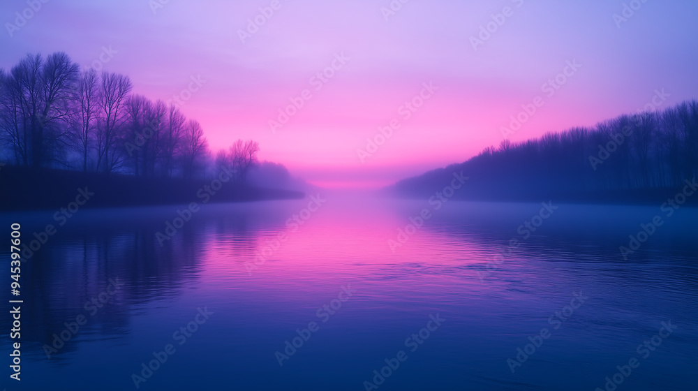 Beautiful nature landscape with calm river in shades of purple and pink set against a foggy background Beautiful nature landscape with calm river in shades of purple and pink set against a foggy background