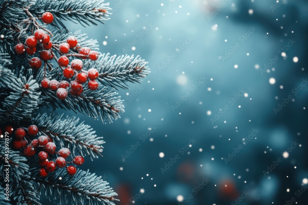 Snow-dusted red berries on green pine branches against blue backdrop Snow-dusted red berries on green pine branches against blue backdrop
