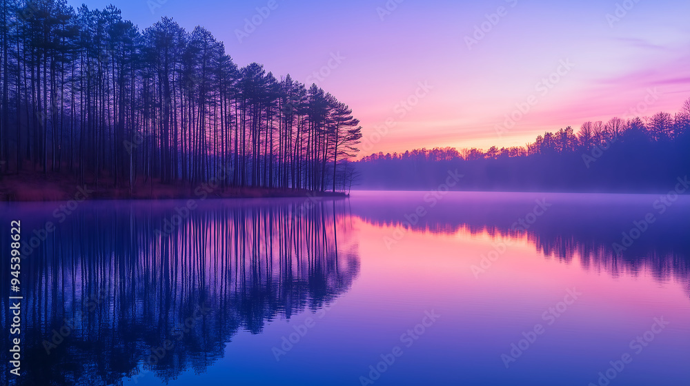 Beautiful nature landscape with calm river in shades of purple and pink set against a foggy background Beautiful nature landscape with calm river in shades of purple and pink set against a foggy background