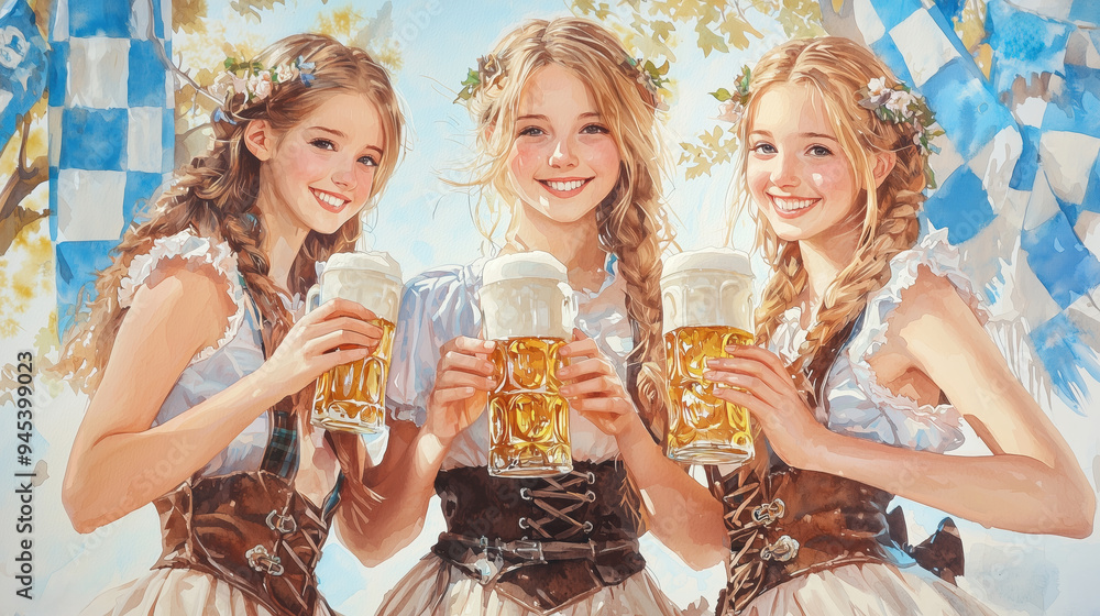 Smiling 20-Year-Old Women in Traditional Bavarian Costumes Holding Beer Glasses - Festive Oktoberfest Atmosphere, Vivid Watercolor Painting with Intricate Details and Vibrant Colors, High-Quality Art Smiling 20-Year-Old Women in Traditional Bavarian Costumes Holding Beer Glasses - Festive Oktoberfest Atmosphere, Vivid Watercolor Painting with Intricate Details and Vibrant Colors, High-Quality Art
