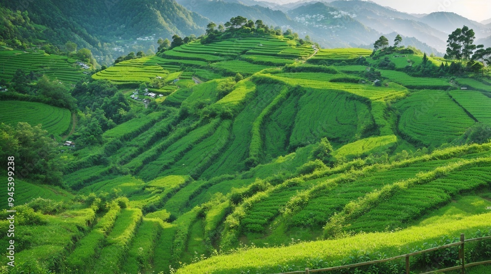 This photo depicts a lush, green landscape in what seems to be a tea plantation. The land is terraced, with rows of tea plants neatly arranged along the slopes of small hills. Tall, slender trees are This photo depicts a lush, green landscape in what seems to be a tea plantation. The land is terraced, with rows of tea plants neatly arranged along the slopes of small hills. Tall, slender trees are