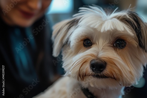 A woman and a groomer interact with a small dog at a pet salon, smiling and maintaining a pleasant atmosphere while the dog is groomed with care.