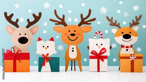 Cute reindeer and cat characters with presents in a snowy winter scene. Festive Christmas illustration.