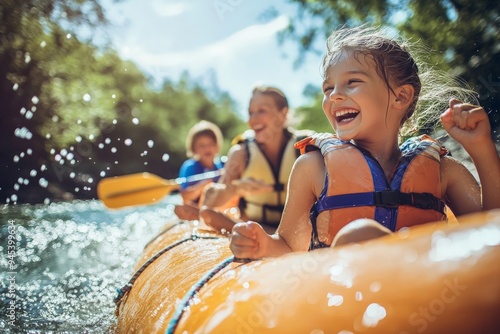 A family with children, all wearing life jackets, enjoys a rafting trip, with kids laughing and experiencing water splashes, embodying joy and family fun outdoors.