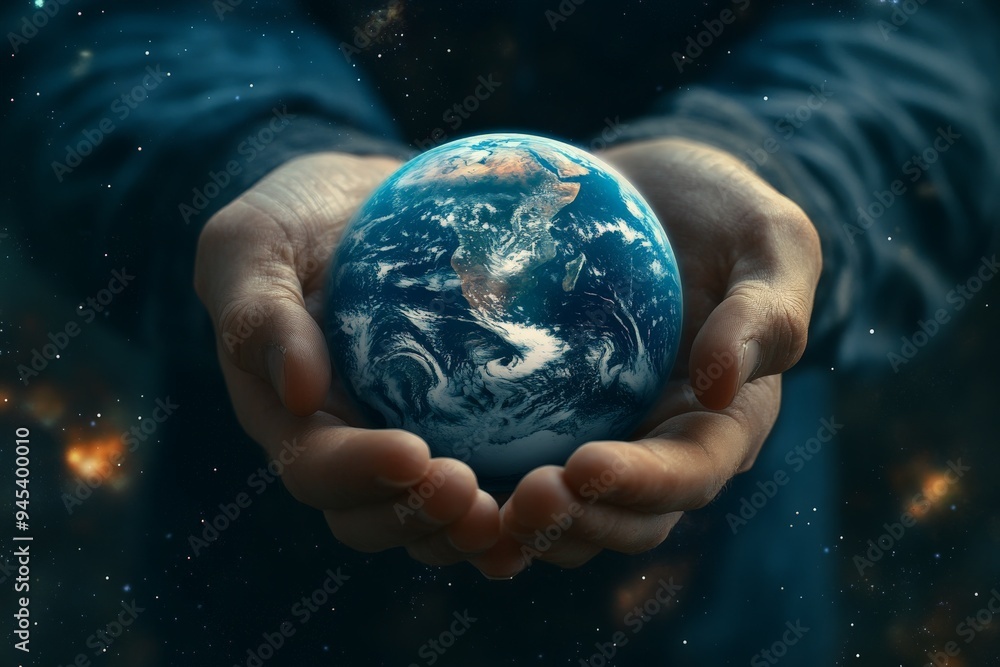 The striking image features Earth meticulously held by two hands, highlighting a vivid cosmic backdrop. It symbolizes universal harmony, portraying humanity's role in protecting the planet. The striking image features Earth meticulously held by two hands, highlighting a vivid cosmic backdrop. It symbolizes universal harmony, portraying humanity's role in protecting the planet.
