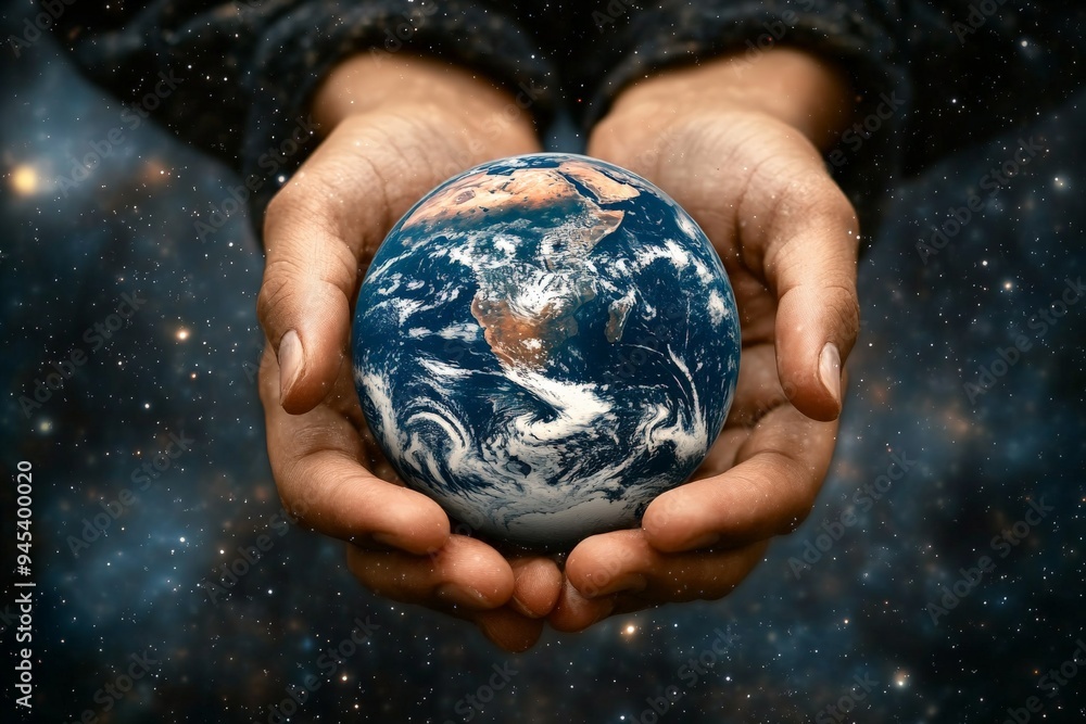 This image portrays two hands gently cradling planet Earth amidst a backdrop of the universe, emphasizing the connection between humanity and the cosmos, showcasing unity and care. This image portrays two hands gently cradling planet Earth amidst a backdrop of the universe, emphasizing the connection between humanity and the cosmos, showcasing unity and care.