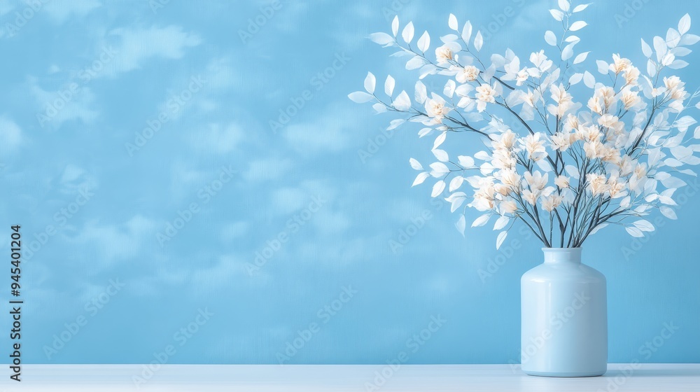 White Flowers in Blue Vase on Blue Background White Flowers in Blue Vase on Blue Background