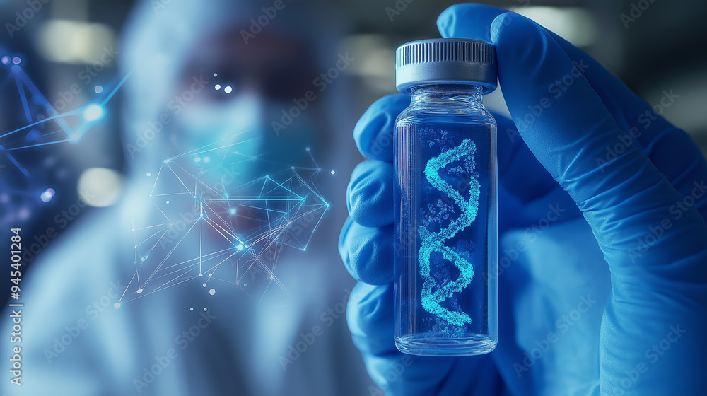A gloved hand holding a vial with a DNA strand inside, representing genetic research and biotechnology. A gloved hand holding a vial with a DNA strand inside, representing genetic research and biotechnology.