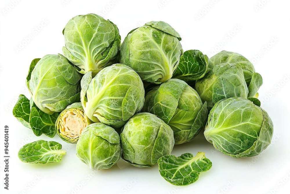 Fototapeta premium A cluster of fresh Brussels sprouts with green leaves on a white background.