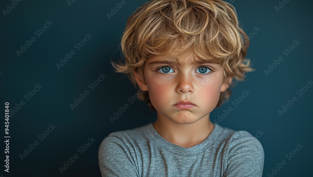 Little boy with arms crossed and an angry expression on a dark blue background Little boy with arms crossed and an angry expression on a dark blue background