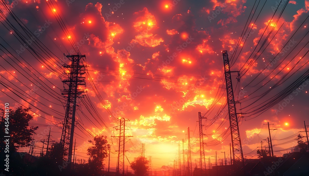Harnessing the Dawn: A Generative AI Vision of Sunrise Over Solar Power Arrays and High Voltage Pylons Transferring Sustainable Electricity Harnessing the Dawn: A Generative AI Vision of Sunrise Over Solar Power Arrays and High Voltage Pylons Transferring Sustainable Electricity