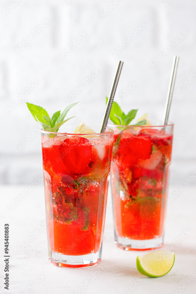 Fresh cocktail with strawberries, mint and lime. Strawberry mojito. Refreshing red drink, sugar free. Vertical orientation. Fresh cocktail with strawberries, mint and lime. Strawberry mojito. Refreshing red drink, sugar free. Vertical orientation.