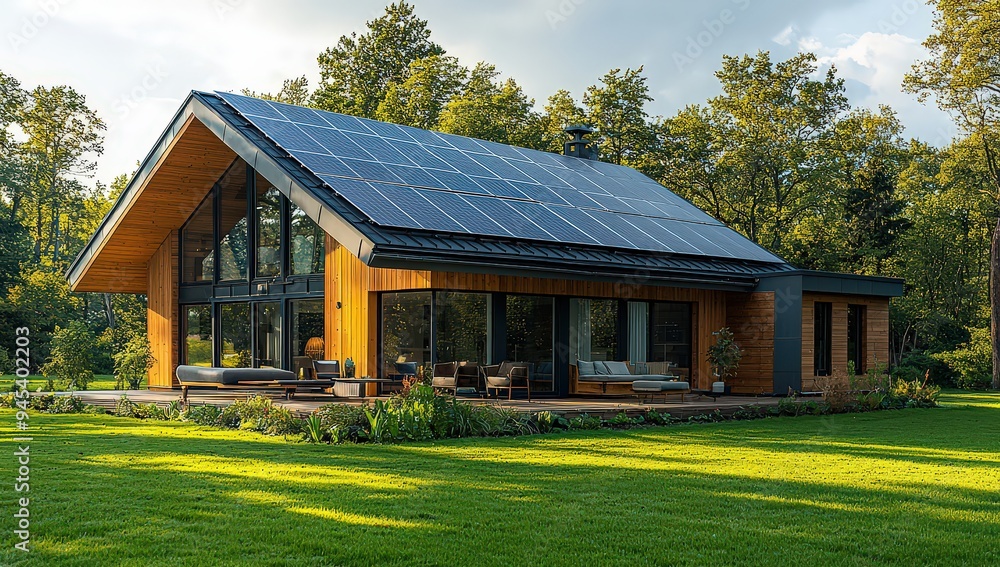Obraz premium Modern house with solar panels on the roof, green grass in front of it, and trees behind it. The sun is shining brightly through a large windowS