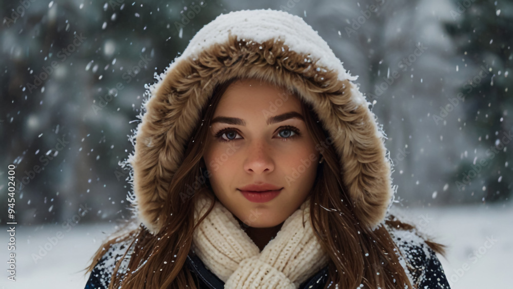 A beautiful girl fully immersed in the snow Closeup picture of a cute girl with snow falling banner wallpaper background Girl douse in Snowball earth  Female in Snowball earth