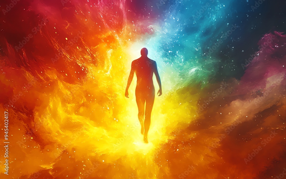 Fullcolor image of a human figure traveling through a glowing birth canal from darkness to bright Unity Expanding aura with vibrant colors Fullcolor image of a human figure traveling through a glowing birth canal from darkness to bright Unity Expanding aura with vibrant colors