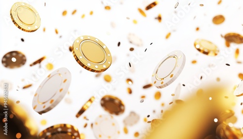 Seamless background of white gold casino chips falling in various positions for poker themes