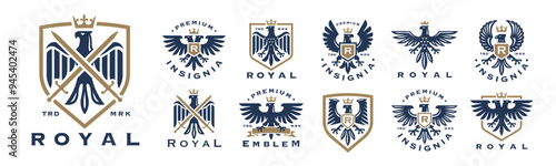 Collection of elegant royal eagle logos and emblems set featuring a crown. Perfect for premium branding, insignias, and vector design elements.