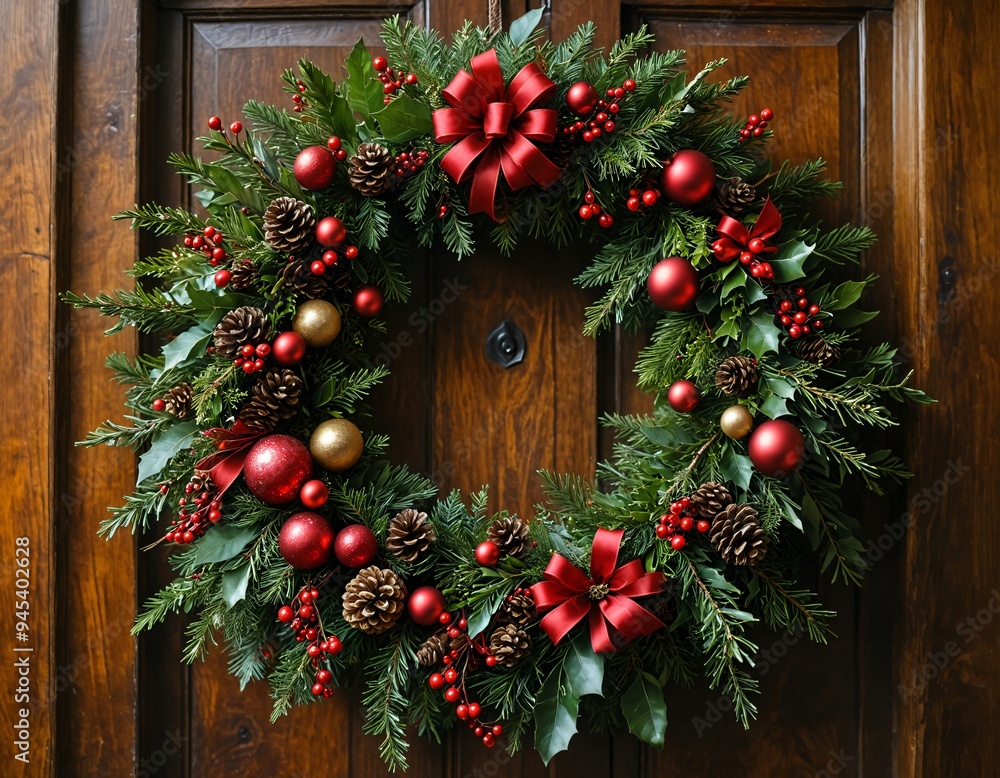 A close-up of a beautifully decorated Christmas wreath hanging on a wooden door, with natural light highlighting its textures A close-up of a beautifully decorated Christmas wreath hanging on a wooden door, with natural light highlighting its textures