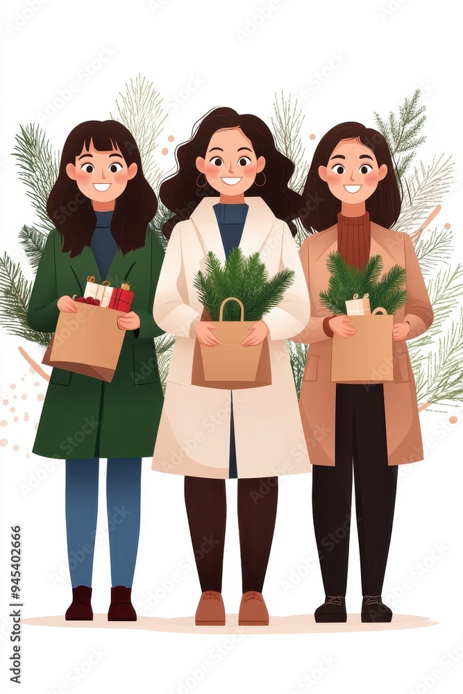 Three cheerful women holding holiday gifts and greenery, celebrating the festive season in a cozy, winter-themed setting. Three cheerful women holding holiday gifts and greenery, celebrating the festive season in a cozy, winter-themed setting.