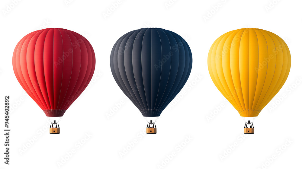 Three hot air balloons in different colors arranged separately isolated on white or transparent background Three hot air balloons in different colors arranged separately isolated on white or transparent background