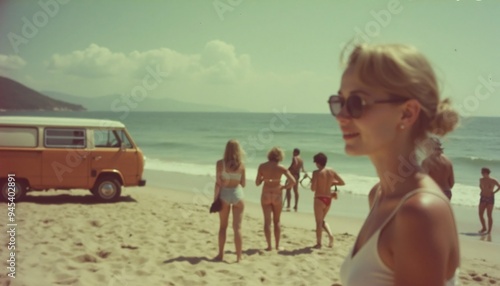 retro photo from the 80s, a group of friends having fun on the beach