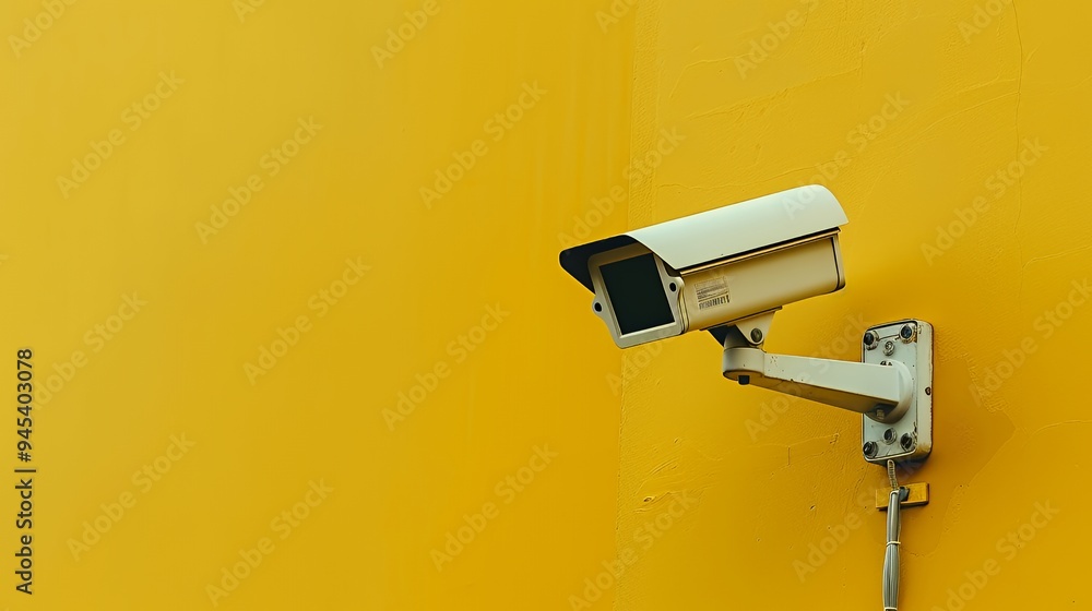 A security camera mounted on a vibrant yellow wall for surveillance purposes. A security camera mounted on a vibrant yellow wall for surveillance purposes.