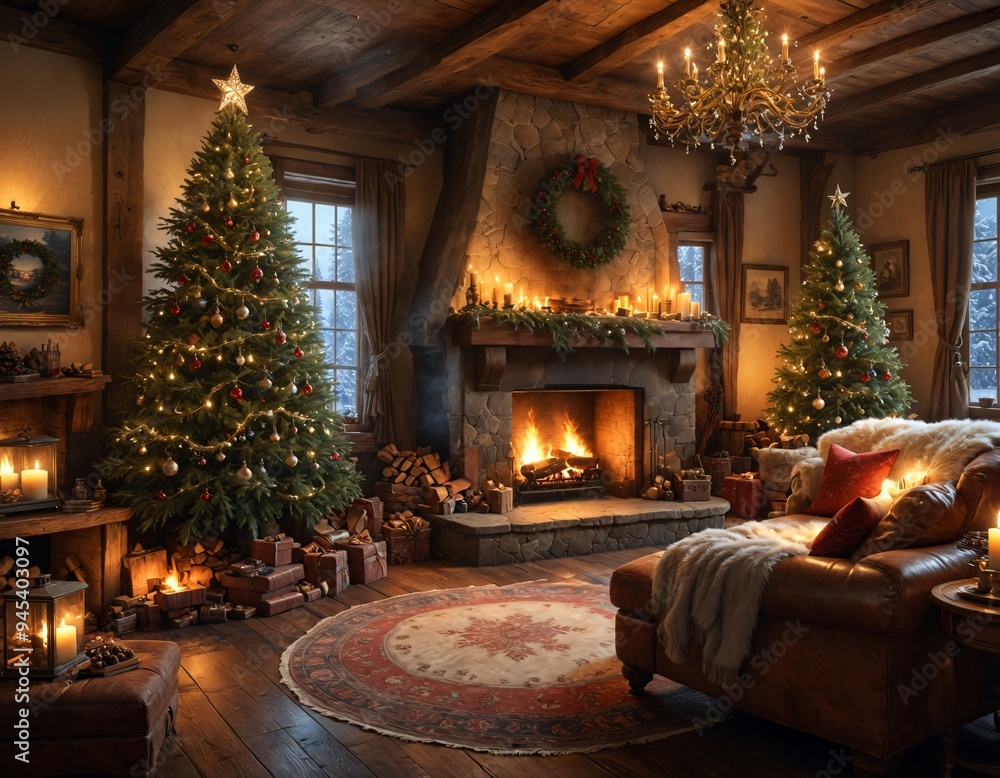 A cozy, rustic living room with a Christmas tree glowing softly by a fireplace, shot from a wide-angle perspective to capture the entire scene A cozy, rustic living room with a Christmas tree glowing softly by a fireplace, shot from a wide-angle perspective to capture the entire scene