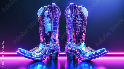 Disco balls like cowboy boots on a neon background. Contemporary style. Creative art, disco aesthetics.