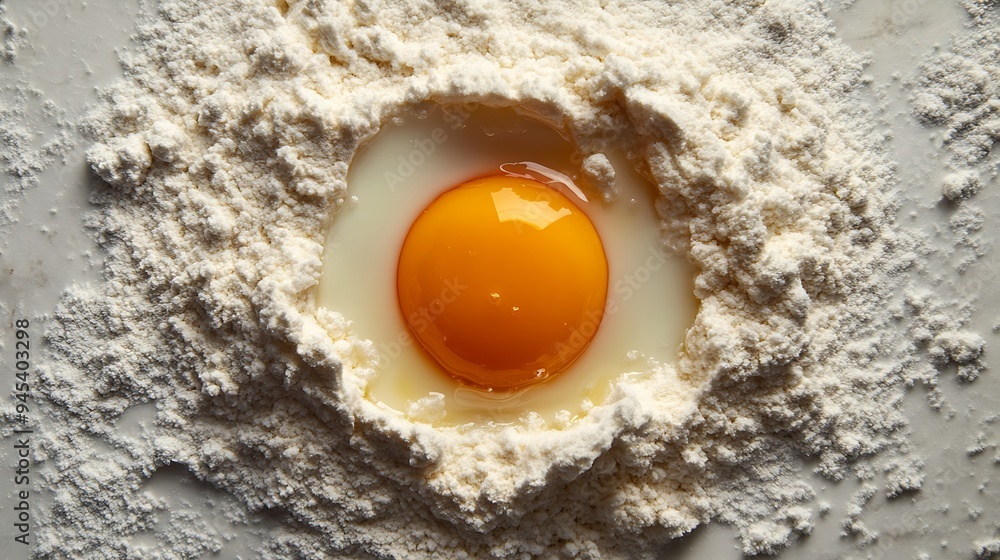 A single egg yolk in a well of white flour, ready for baking. A single egg yolk in a well of white flour, ready for baking.