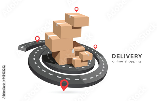 A parcel box or cardboard box place on curved road or way, waiting for truck to pick it up and deliver it to customer following red marker marking delivery location, vector 3d isolated for transport