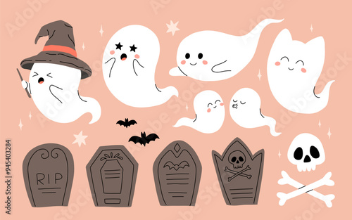 Cartoon Halloween cute ghost characters near tombstone. Vector adorably spooky phantoms giggling by a grave stone, radiate charm among eerie mist, their spectral cuteness defying the darkness
