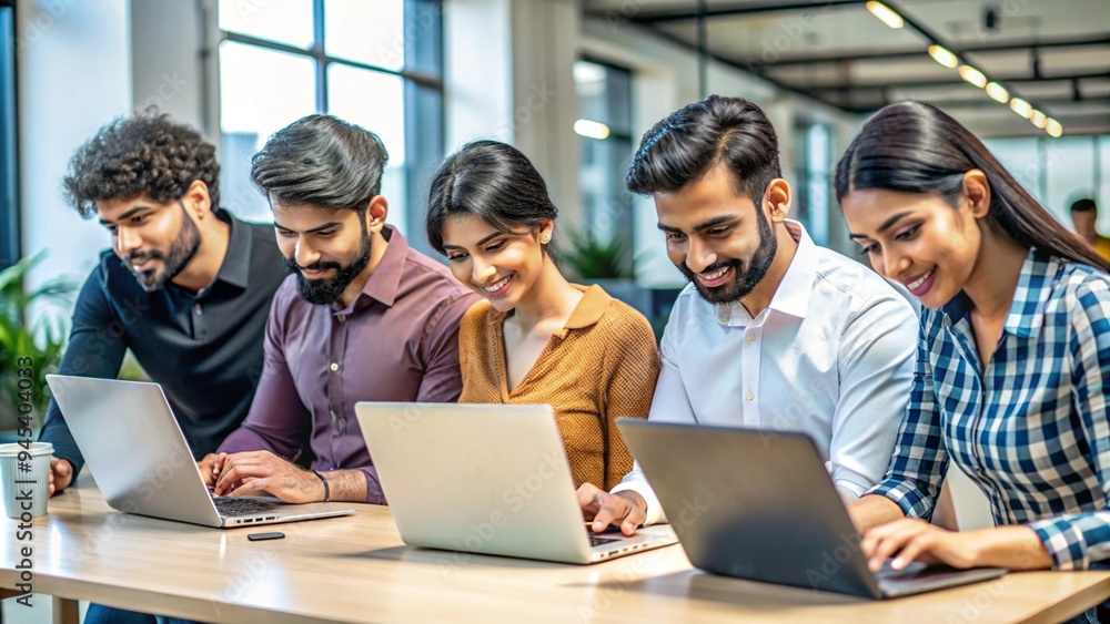 Indian young professionals working in an innovation lab using laptops to research new technologies. Indian young professionals working in an innovation lab using laptops to research new technologies.