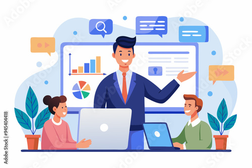 Online presentation webinar, conference or online seminar, consultation or data analyzing meeting, business discussion, financial expertise concept, businessman on computer screen presenting data.
