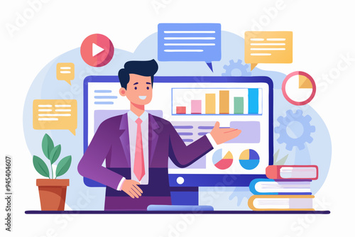 Online presentation webinar, conference or online seminar, consultation or data analyzing meeting, business discussion, financial expertise concept, businessman on computer screen presenting data.

