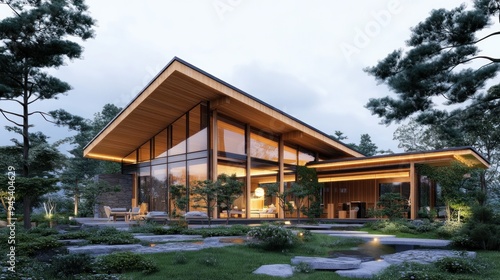 Modern wooden house with large windows and a beautiful garden at dusk.