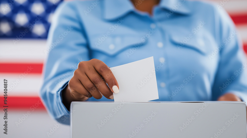 A hand placing a ballot into a box with the American flag in the background, symbolizing voting and democracy. A hand placing a ballot into a box with the American flag in the background, symbolizing voting and democracy.