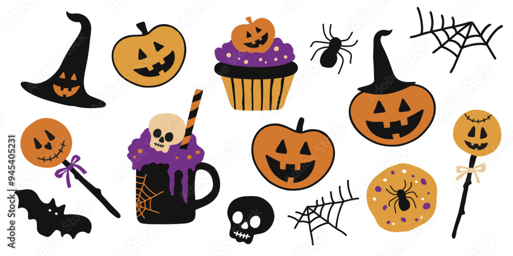 Set of festive Halloween cute elements in flat style including pumpkins, witches' hats, spiders, and spooky treats. Set of festive Halloween cute elements in flat style including pumpkins, witches' hats, spiders, and spooky treats.