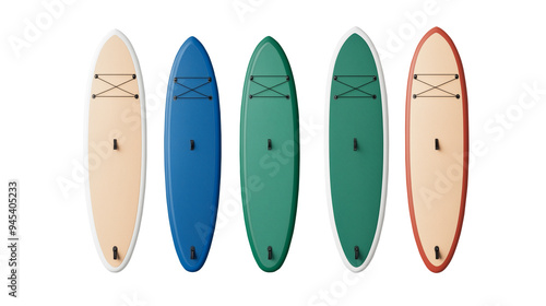 set of isolated paddle boards in different colors arranged separately against white or transparent background