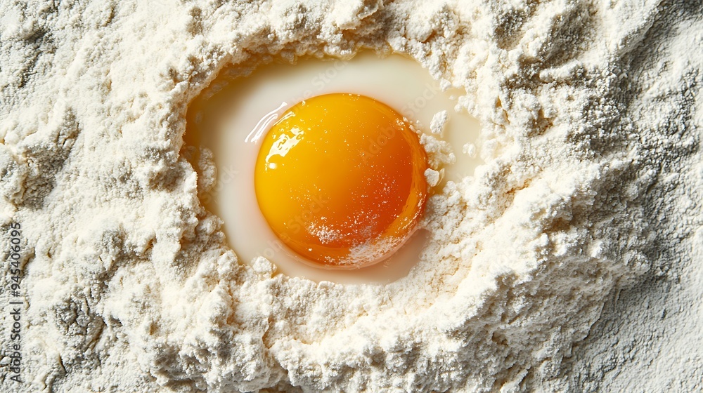 A single egg yolk sits in a bed of white flour, creating a visually appealing contrast. The yolk is surrounded by a thin layer of egg white, adding to the overall composition. A single egg yolk sits in a bed of white flour, creating a visually appealing contrast. The yolk is surrounded by a thin layer of egg white, adding to the overall composition.
