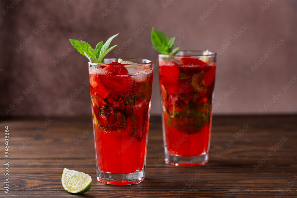 Cold strawberry Mojito cocktail with lime, ice and mint on a brown wooden table. Sugar free, nonalcoholic. Cold strawberry Mojito cocktail with lime, ice and mint on a brown wooden table. Sugar free, nonalcoholic.