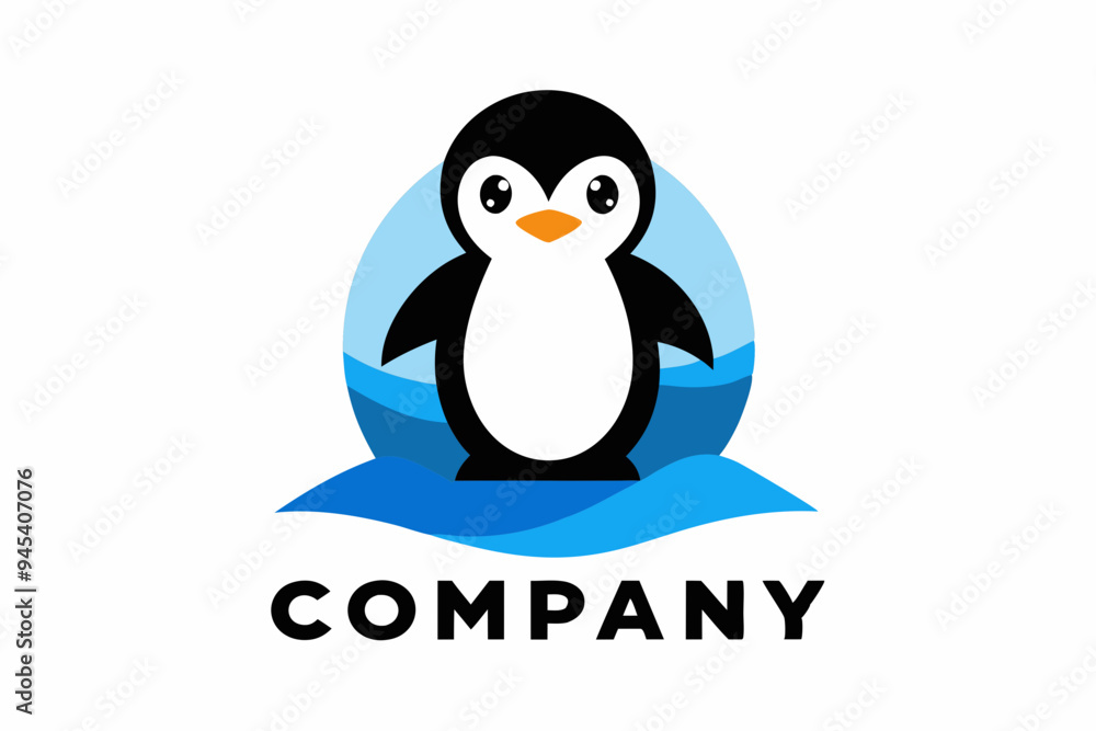 Fototapeta premium A logo with a cartoon penguin standing next to it