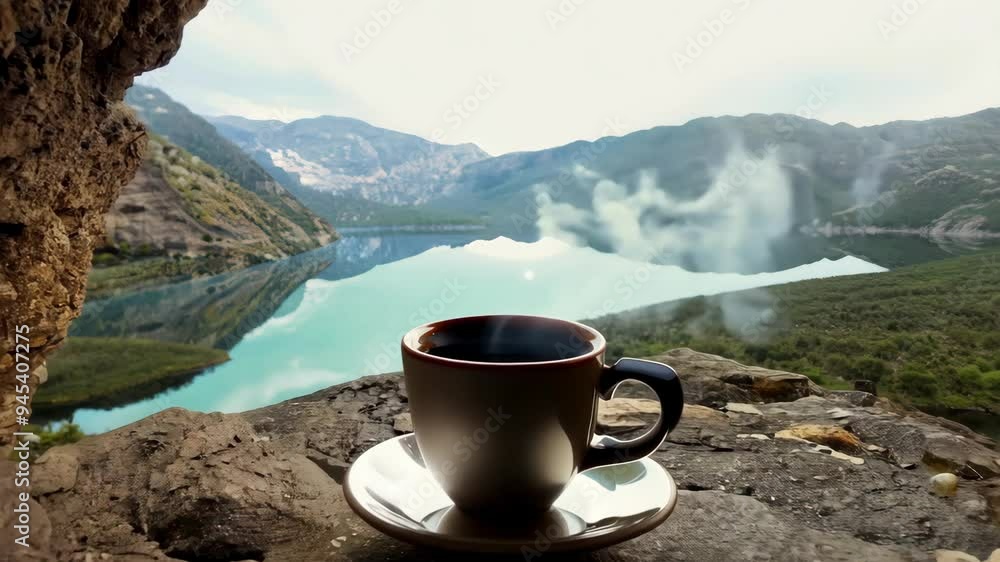 Enjoying a warm cup of coffee while overlooking a tranquil mountain lake at dawn Enjoying a warm cup of coffee while overlooking a tranquil mountain lake at dawn